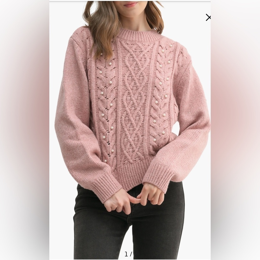 Lush Crew Neck Cable Knit W/Imitation Pearl Accents Blush Sweater - Size L